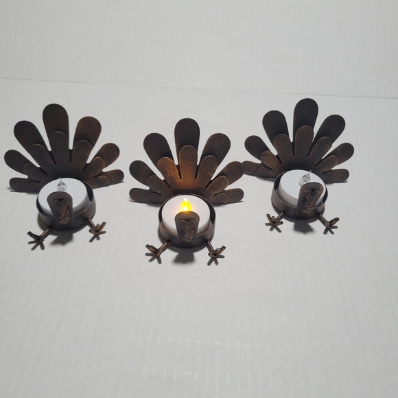Set of 3 Tin Turkey Tea Lights Candle holder Metal Rustic Thanksgiving Farmhouse - Picture 1 of 7